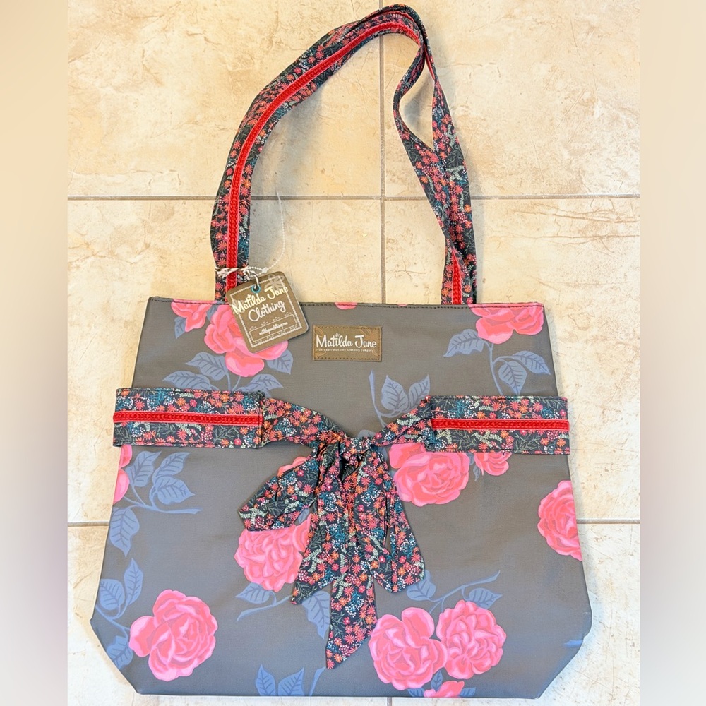 Matilda Jane Gray Tote with Pink Rose Pattern and Floral Bow NWT